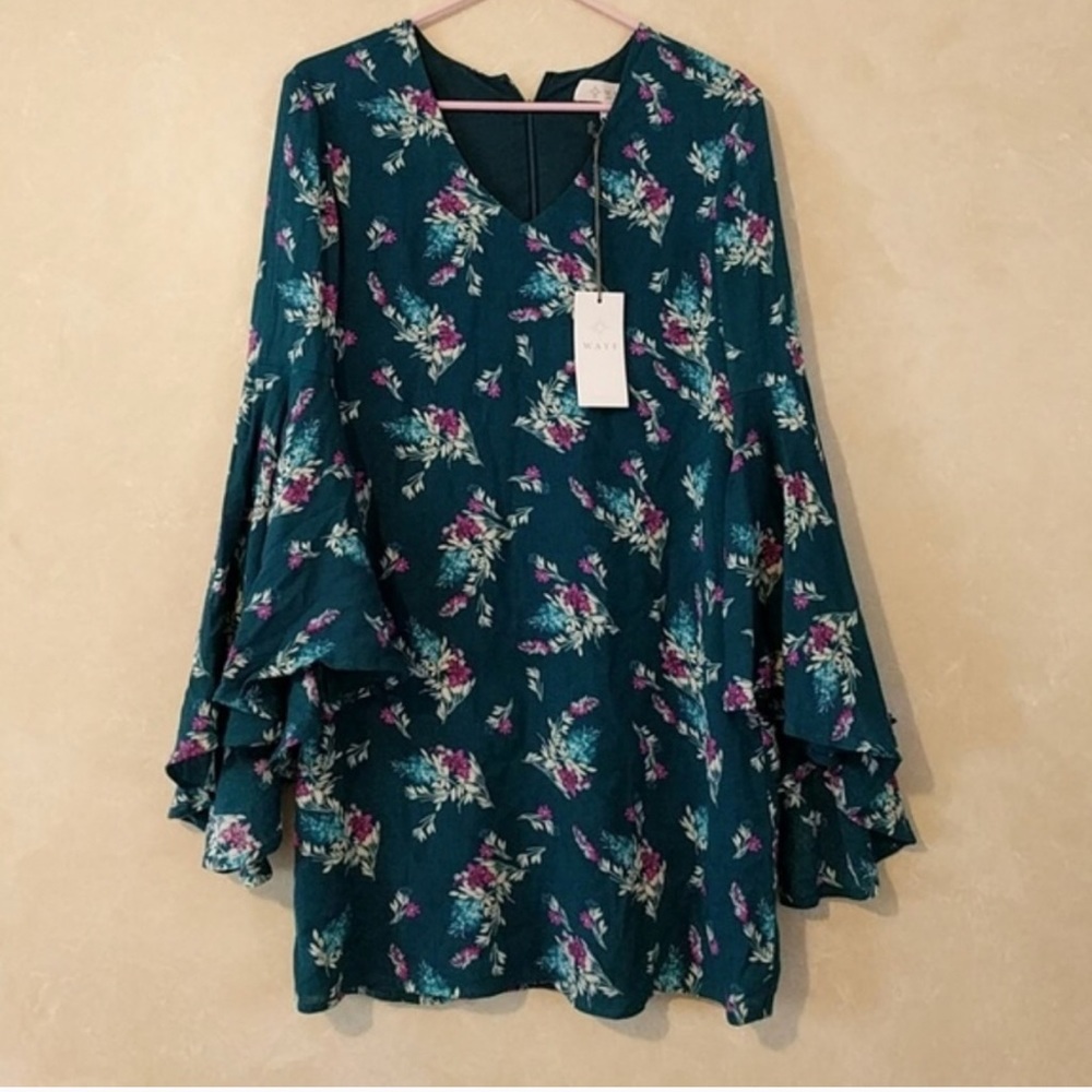 NWT {WAYF} Teal Floral Bell Sleeve Boho Dress - S - Picture 2 of 6